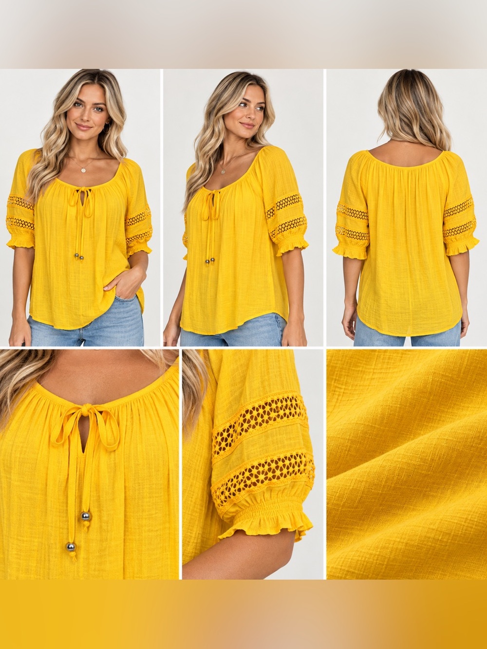 Unique Spectrum Women's Yellow Tie Neck Lace Sleeve Blouse size large